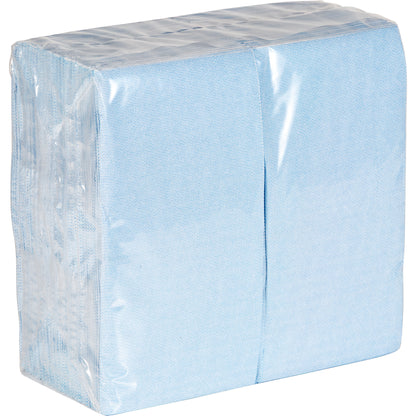 Pack of light blue napkins in clear packaging on a white background