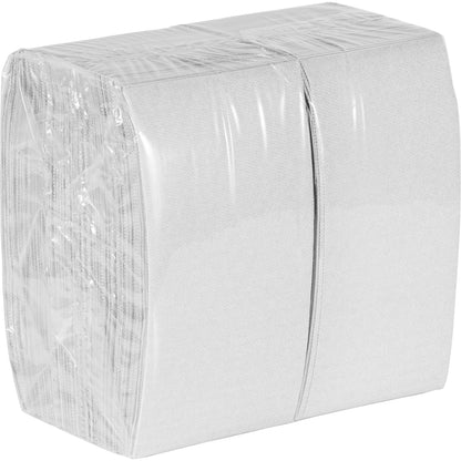 Packaged gray paper dinner napkins on a white background
