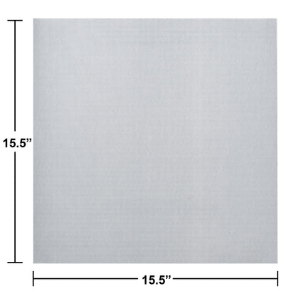 Gray flat pack napkin with dimensions 15.5 inches on each side