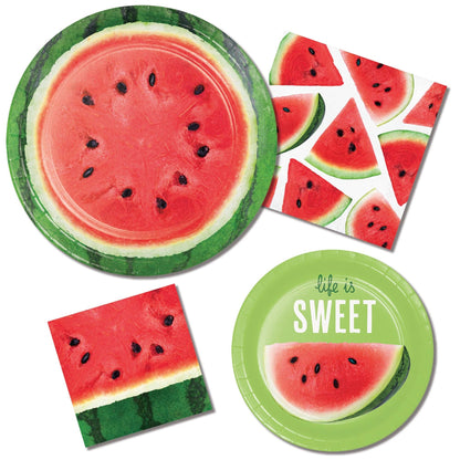Watermelon-themed paper plates and napkins on a white background