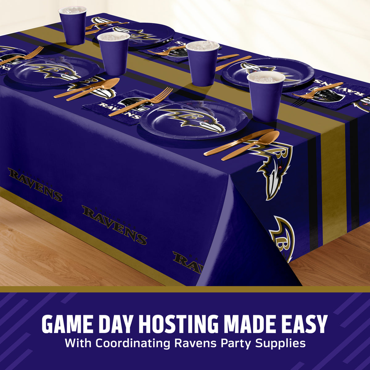 Baltimore Ravens tablescape with tablecloth, plates, and napkins along with gold cutlery and purple cups. "Game Day Hosting Made Easy" text long the bottom