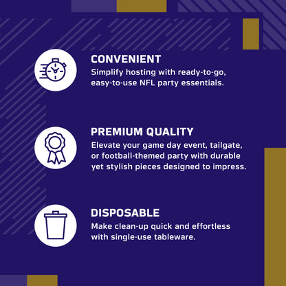 Infographic highlighting convenience, premium quality, and disposable all shown on a purple background with gold accents.