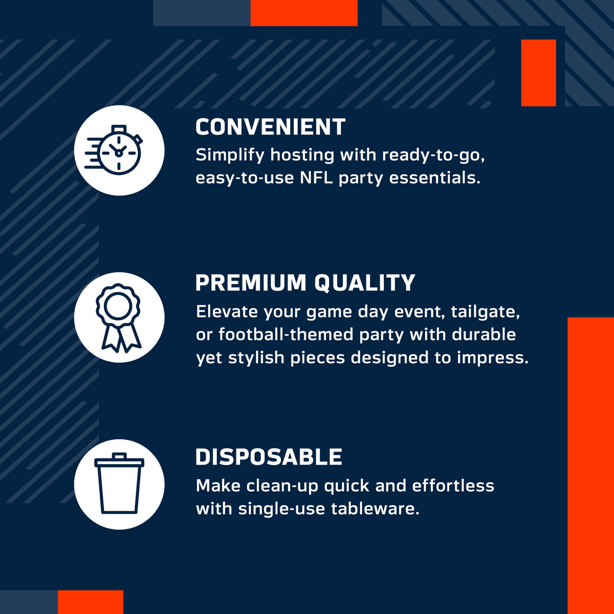 An infographic-style promotional graphic on a navy blue background with white text and icons. It reads: 'CONVENIENT' with a speed clock icon, 'PREMIUM QUALITY' with a ribbon icon, and 'DISPOSABLE' with a trash can icon