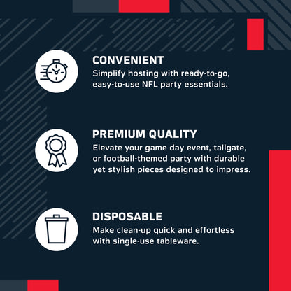 A dark navy promotional graphic with three white text blocks and icons highlighting product benefits: convenient ready-to-go NFL party essentials, premium quality durable pieces, and disposable single-use tableware.