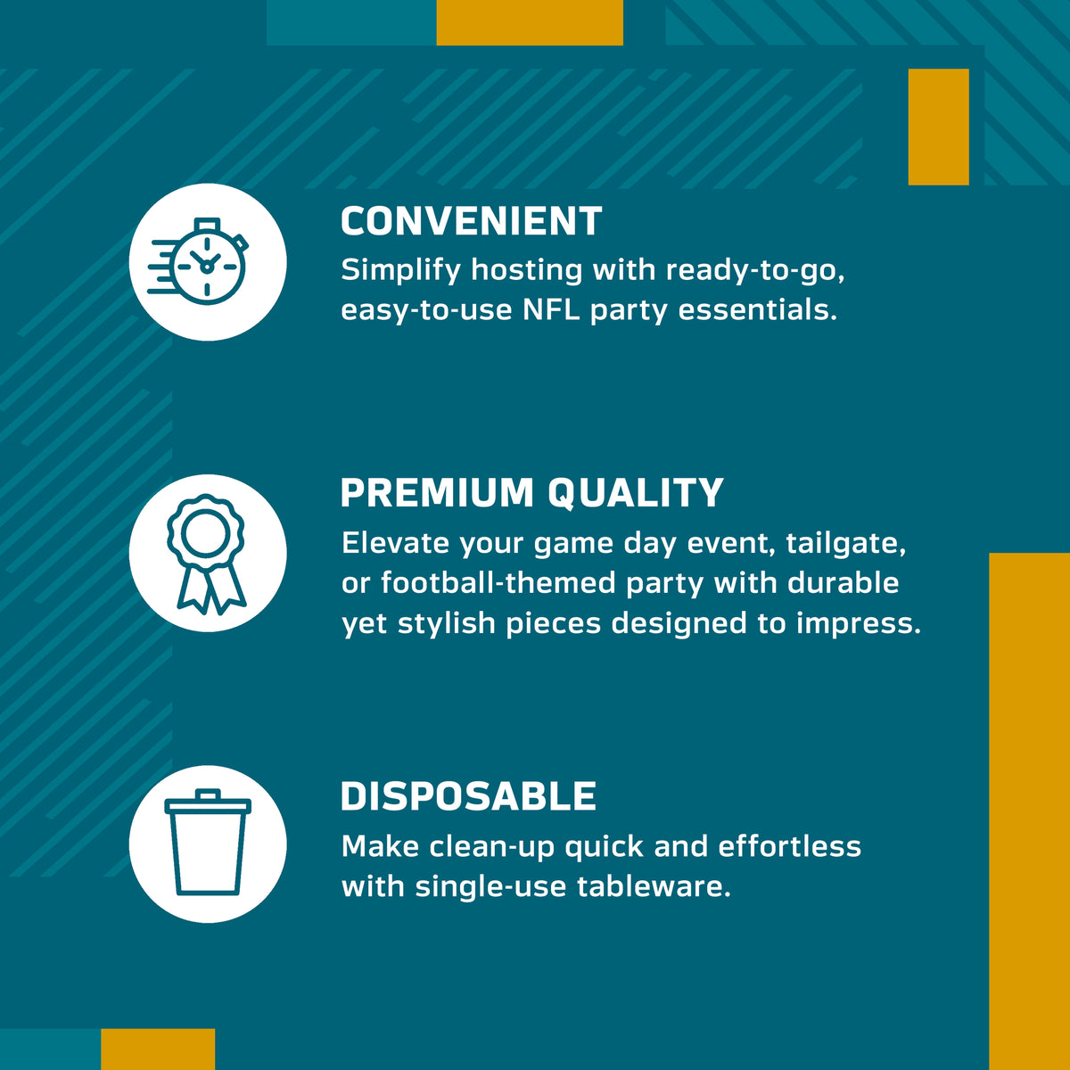 An infographic-style promotional graphic on a teal background with white text and icons. It reads: 'CONVENIENT' with a speed clock icon, 'PREMIUM QUALITY' with a ribbon icon, and 'DISPOSABLE' with a trash can icon.