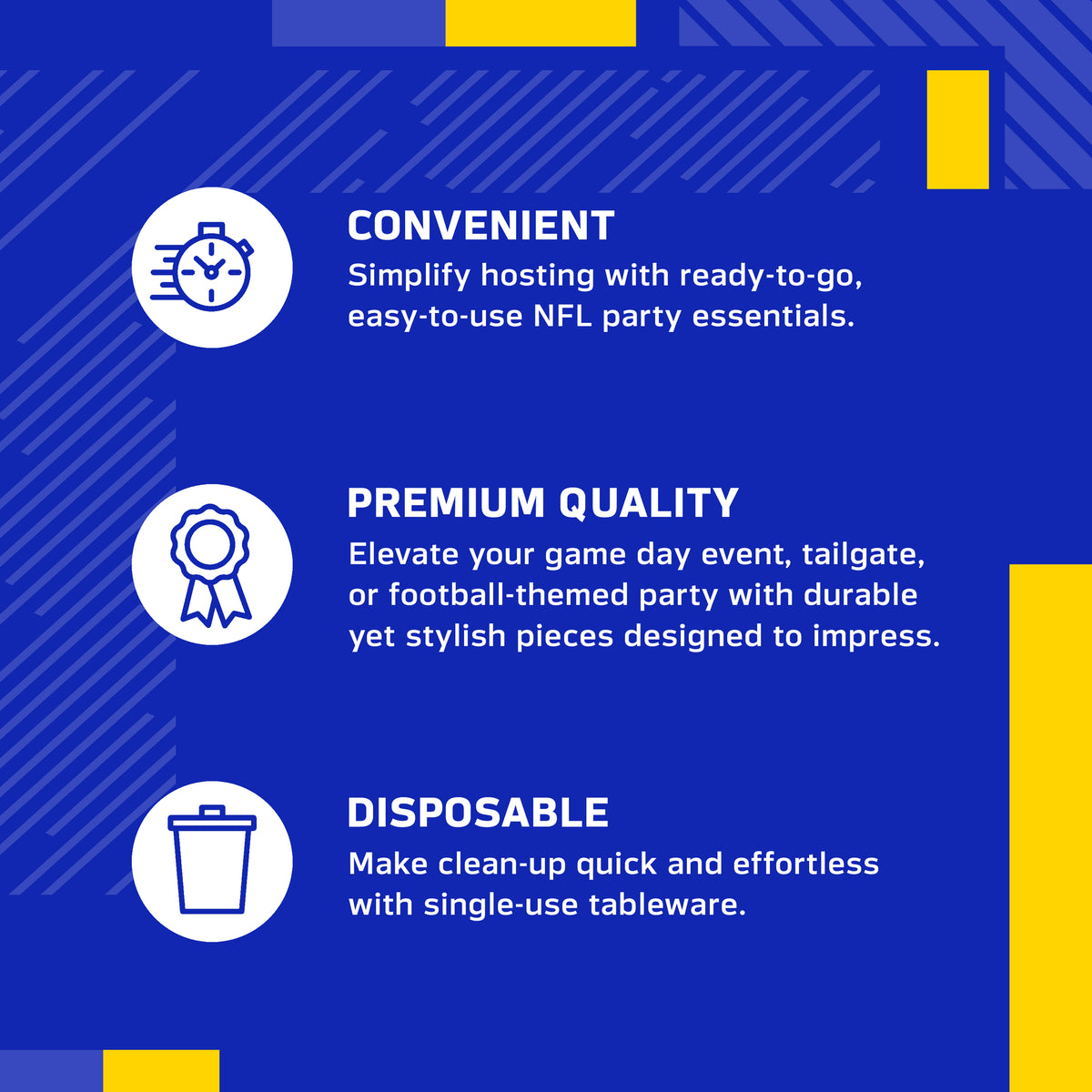 An infographic-style promotional graphic on a blue background with white text and icons. It reads: 'CONVENIENT' with a speed clock icon, 'PREMIUM QUALITY' with a ribbon icon, and 'DISPOSABLE' with a trash can icon.