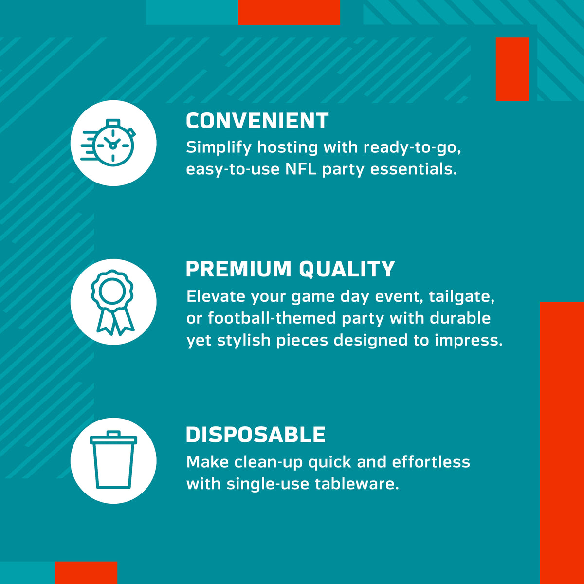 An infographic-style promotional graphic on a teal background with white text and icons. It reads: 'CONVENIENT' with a speed clock icon, 'PREMIUM QUALITY' with a ribbon icon, and 'DISPOSABLE' with a trash can icon.