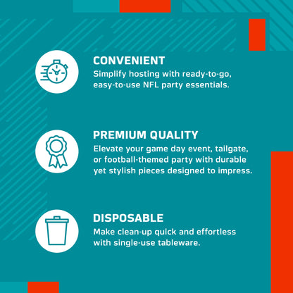 An infographic-style promotional graphic on a teal background with white text and icons. It reads: 'CONVENIENT' with a speed clock icon, 'PREMIUM QUALITY' with a ribbon icon, and 'DISPOSABLE' with a trash can icon.