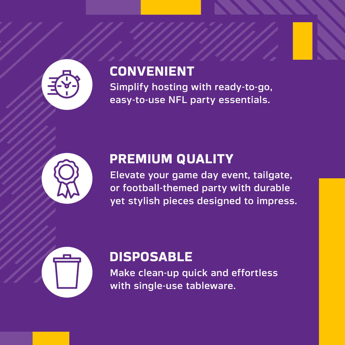 An infographic-style promotional graphic on a purple background with white text and icons. It reads: 'CONVENIENT' with a speed clock icon, 'PREMIUM QUALITY' with a ribbon icon, and 'DISPOSABLE' with a trash can icon.