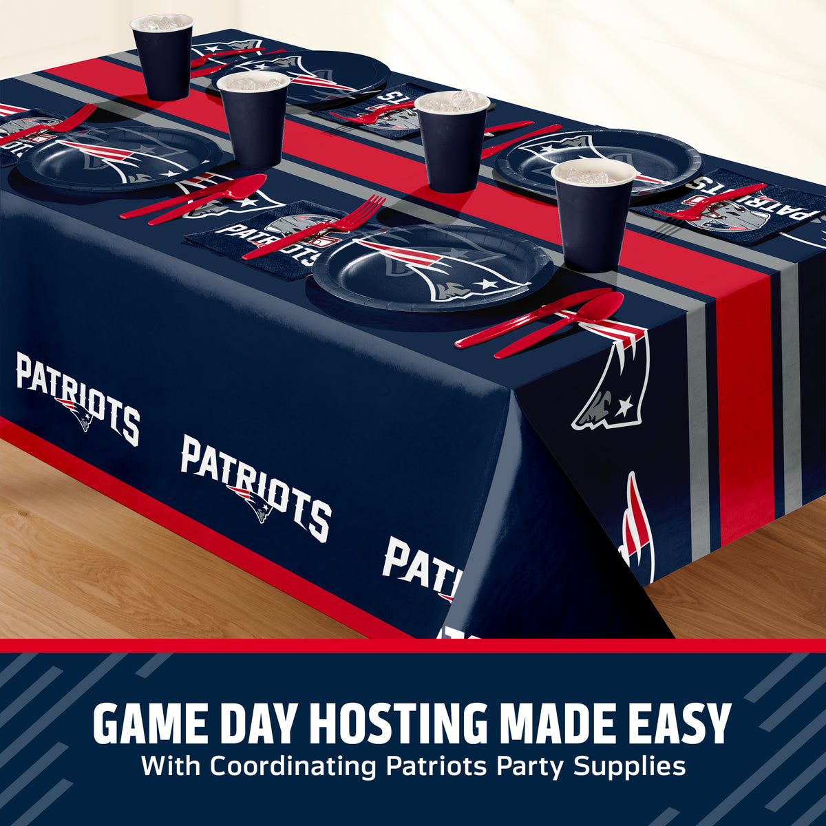 New England Patriots themed party table setting with a printed tablecloth, matching plates, cups, and utensils, shown on a table with a promotional banner at the bottom that says "Game Day Hosting Made Easy".