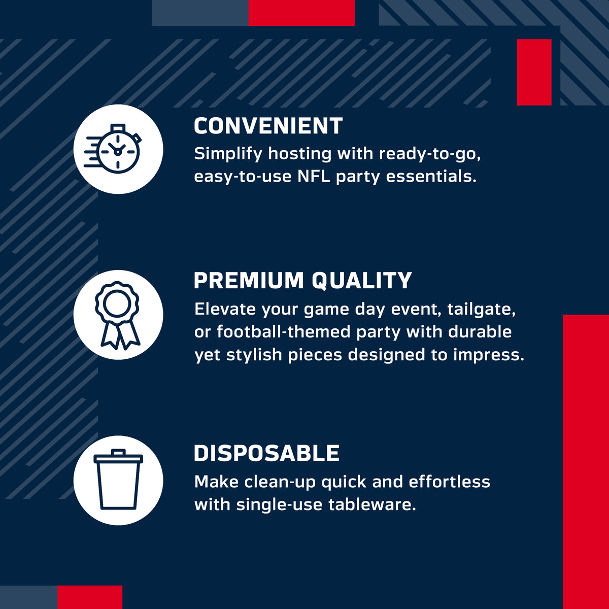 An infographic-style promotional graphic on a dark blue background with white text and icons. It reads: 'CONVENIENT' with a speed clock icon, 'PREMIUM QUALITY' with a ribbon icon, and 'DISPOSABLE' with a trash can icon.