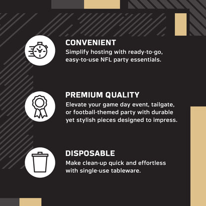 An infographic-style promotional graphic on a black background with white text and icons. It reads: 'CONVENIENT' with a speed clock icon, 'PREMIUM QUALITY' with a ribbon icon, and 'DISPOSABLE' with a trash can icon.