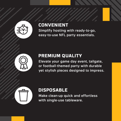 An infographic-style promotional graphic on a black background with white text and icons. It reads: 'CONVENIENT' with a speed clock icon, 'PREMIUM QUALITY' with a ribbon icon, and 'DISPOSABLE' with a trash can icon.