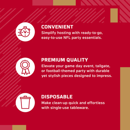 An infographic-style promotional graphic on a red background with white text and icons. It reads: 'CONVENIENT' with a speed clock icon, 'PREMIUM QUALITY' with a ribbon icon, and 'DISPOSABLE' with a trash can icon.