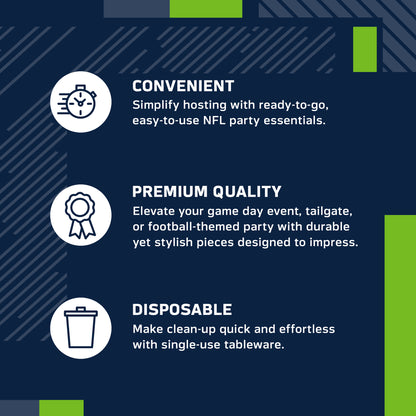 An infographic-style promotional graphic on a navy blue background with white text and icons. It reads: 'CONVENIENT' with a speed clock icon, 'PREMIUM QUALITY' with a ribbon icon, and 'DISPOSABLE' with a trash can icon.