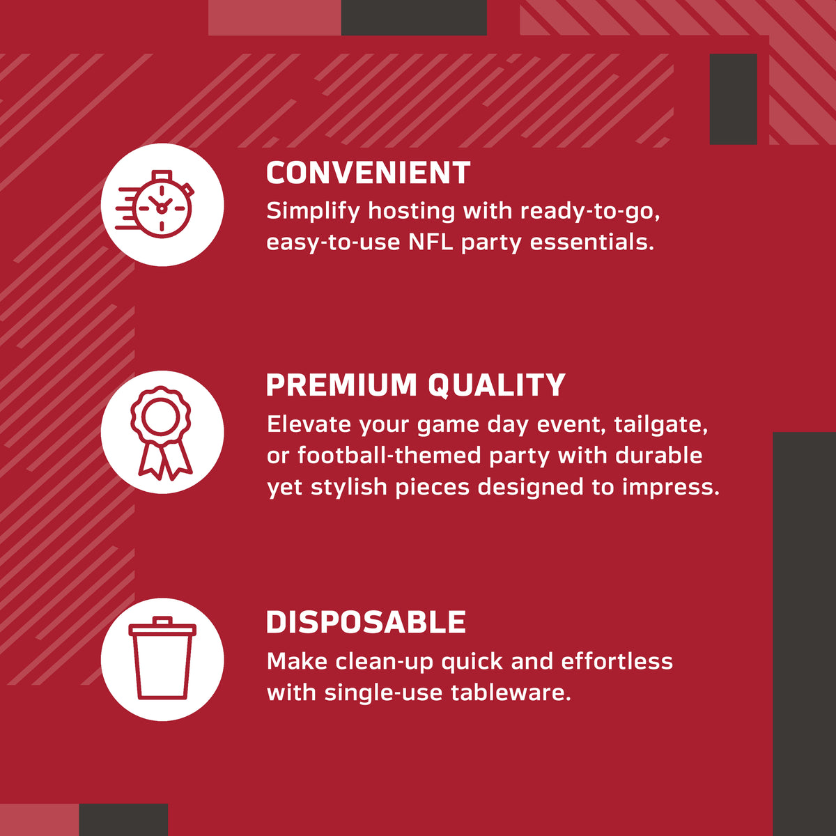 An infographic-style promotional graphic on a red background with white text and icons. It reads: 'CONVENIENT' with a speed clock icon, 'PREMIUM QUALITY' with a ribbon icon, and 'DISPOSABLE' with a trash can icon.