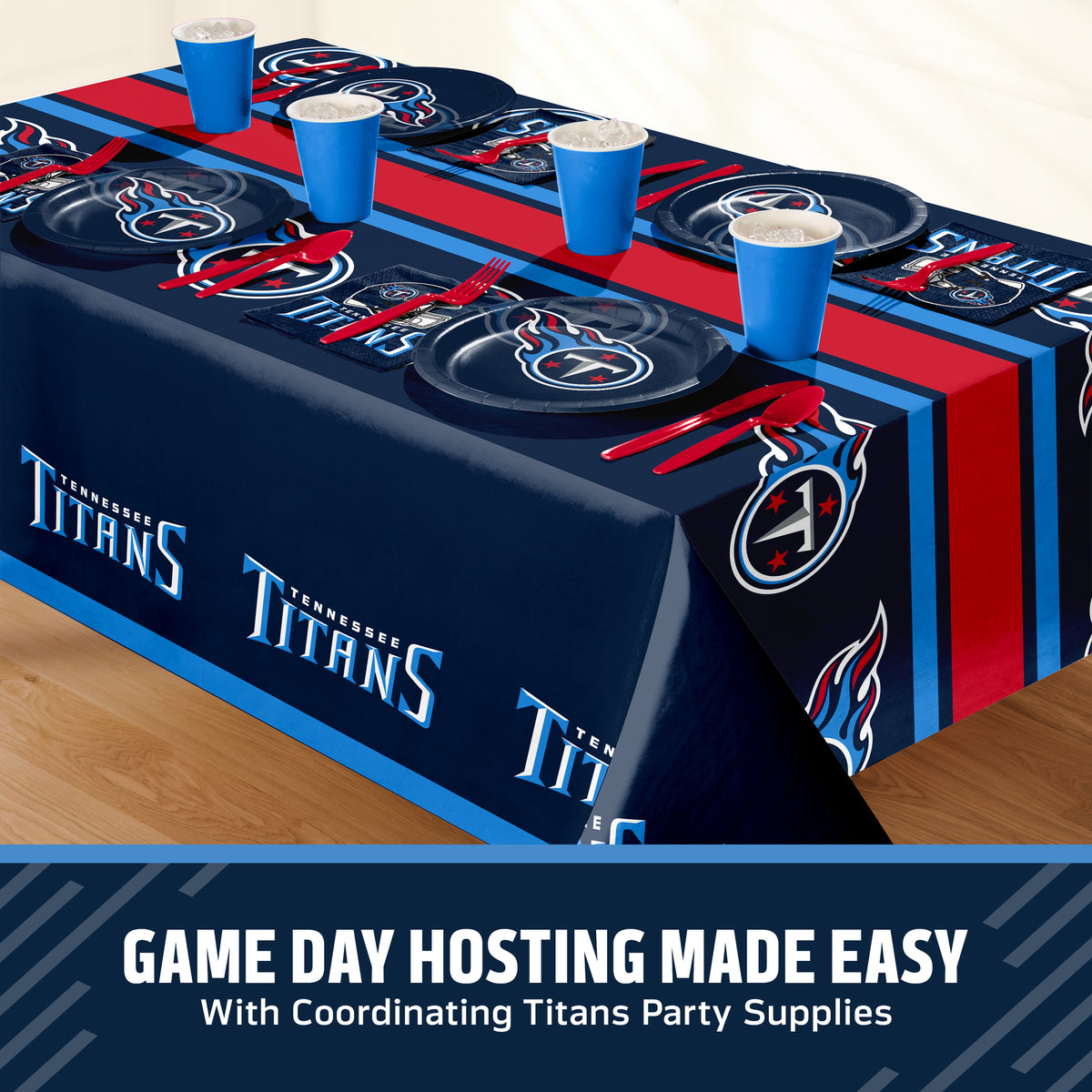 Tennessee Titans themed party table setting with a printed tablecloth, matching plates, cups, and utensils, shown on a table with a promotional banner at the bottom that says "Game Day Hosting Made Easy".