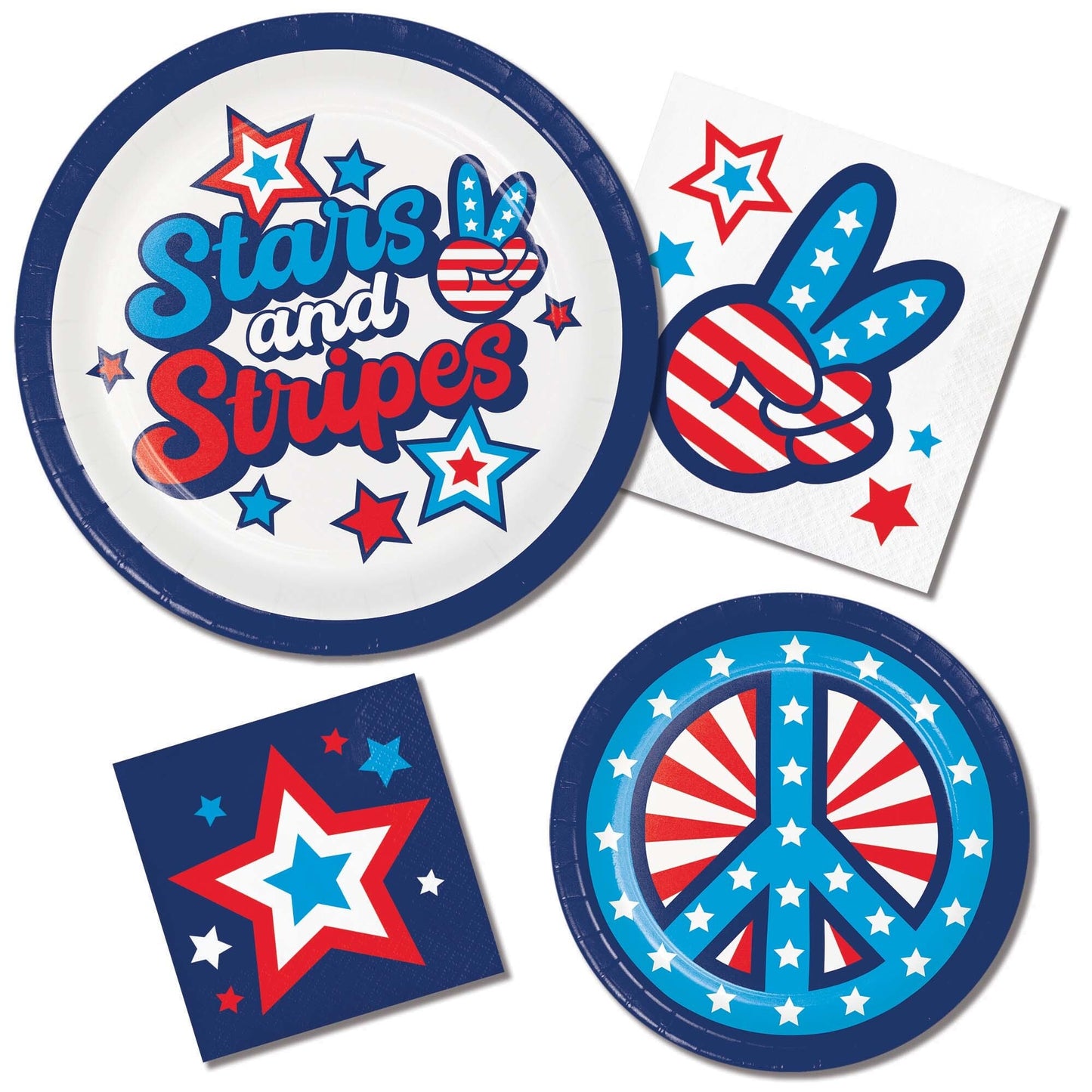 Stars and Stripes-themed party supplies including plates and napkins on a white background