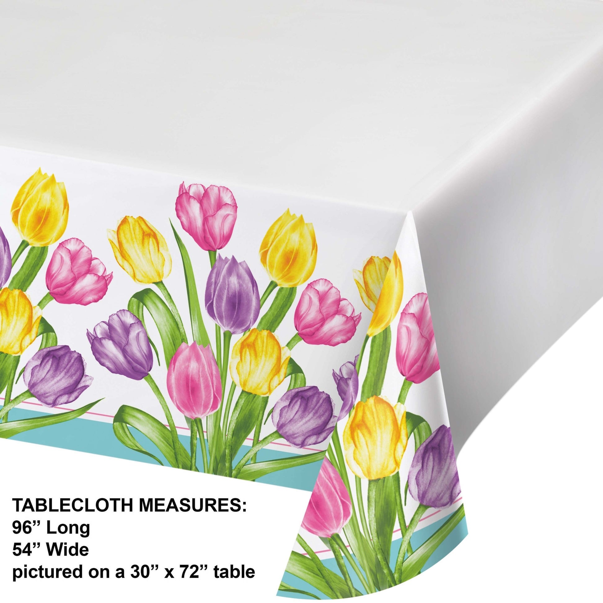 Tablecloth with colorful tulip design on a white background. Measurements shown.