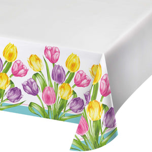 Tablecloth with colorful tulip design on a white background