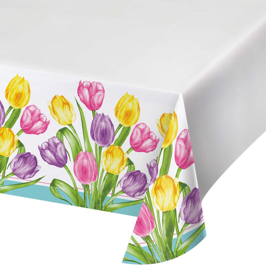 Tablecloth with colorful tulip design on a white background