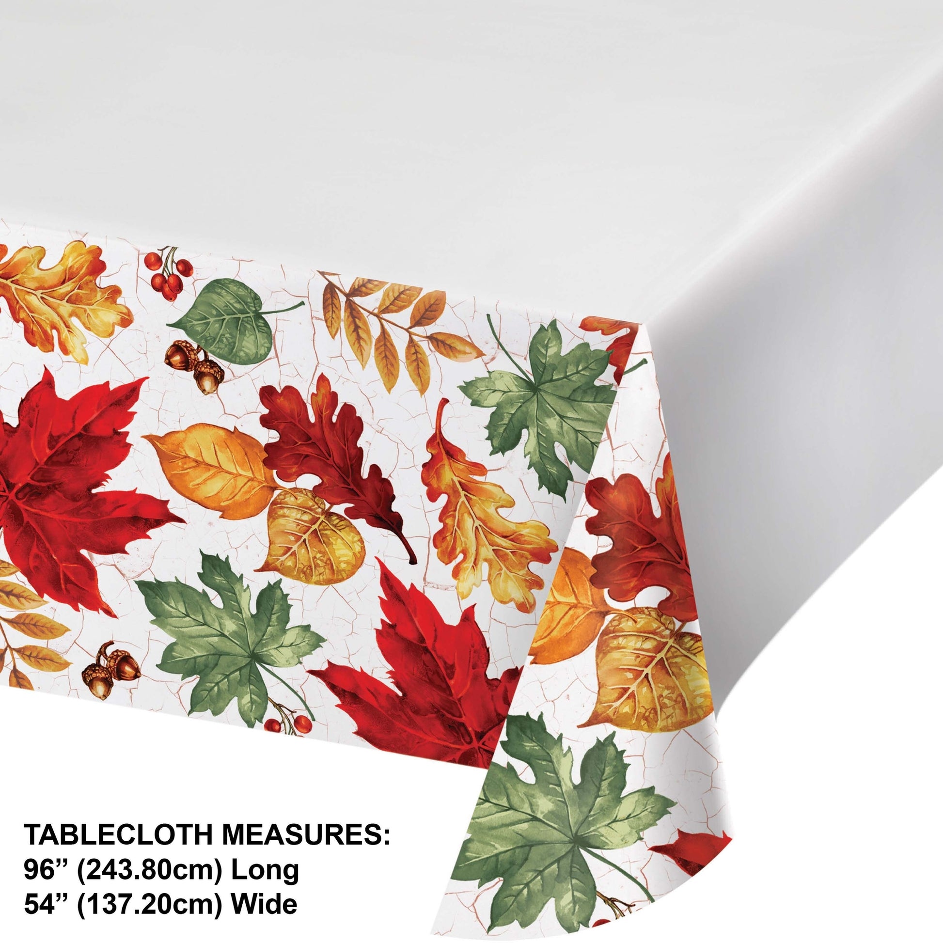 Autumn Air Paper Tablecloths 12 ct. Paper tablecloth with autumn leaf pattern on a white background. Includes product dimensions