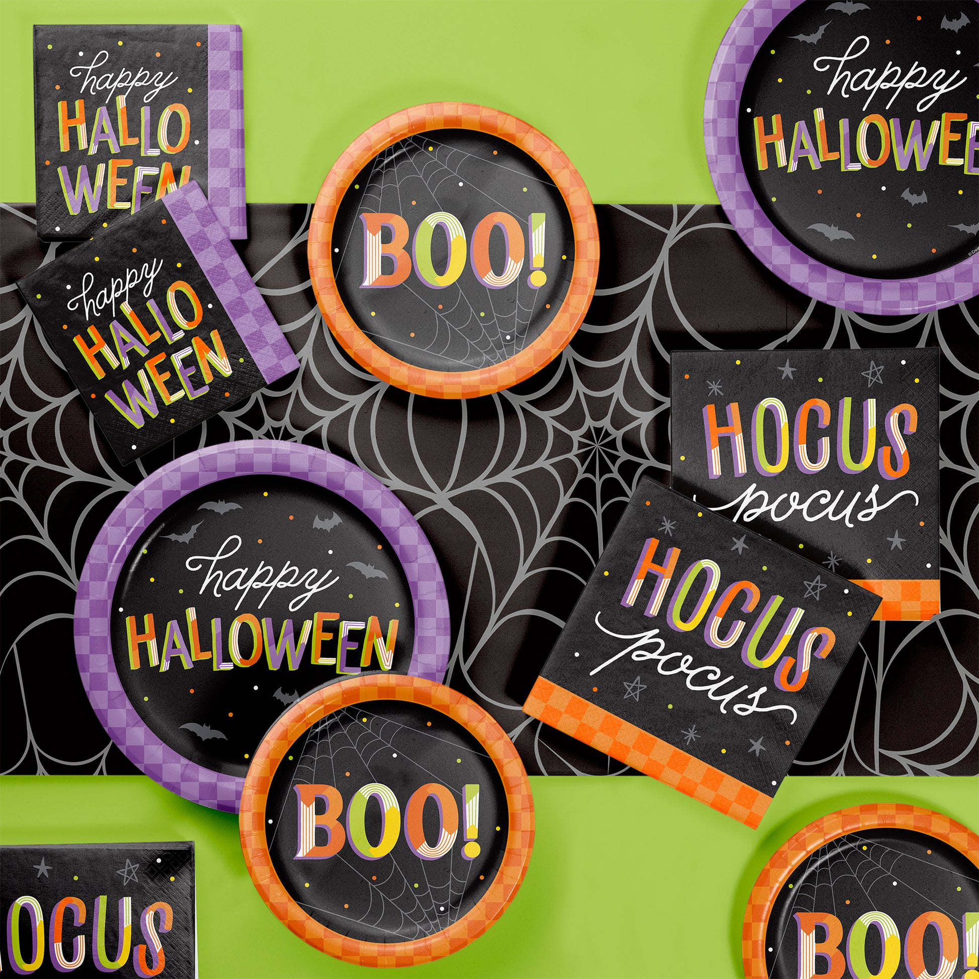 Retro Halloween Hocus Pocus Luncheon Napkins 192 ct. Halloween-themed decorations with 'Happy Halloween' and 'BOO!' text on a green background.