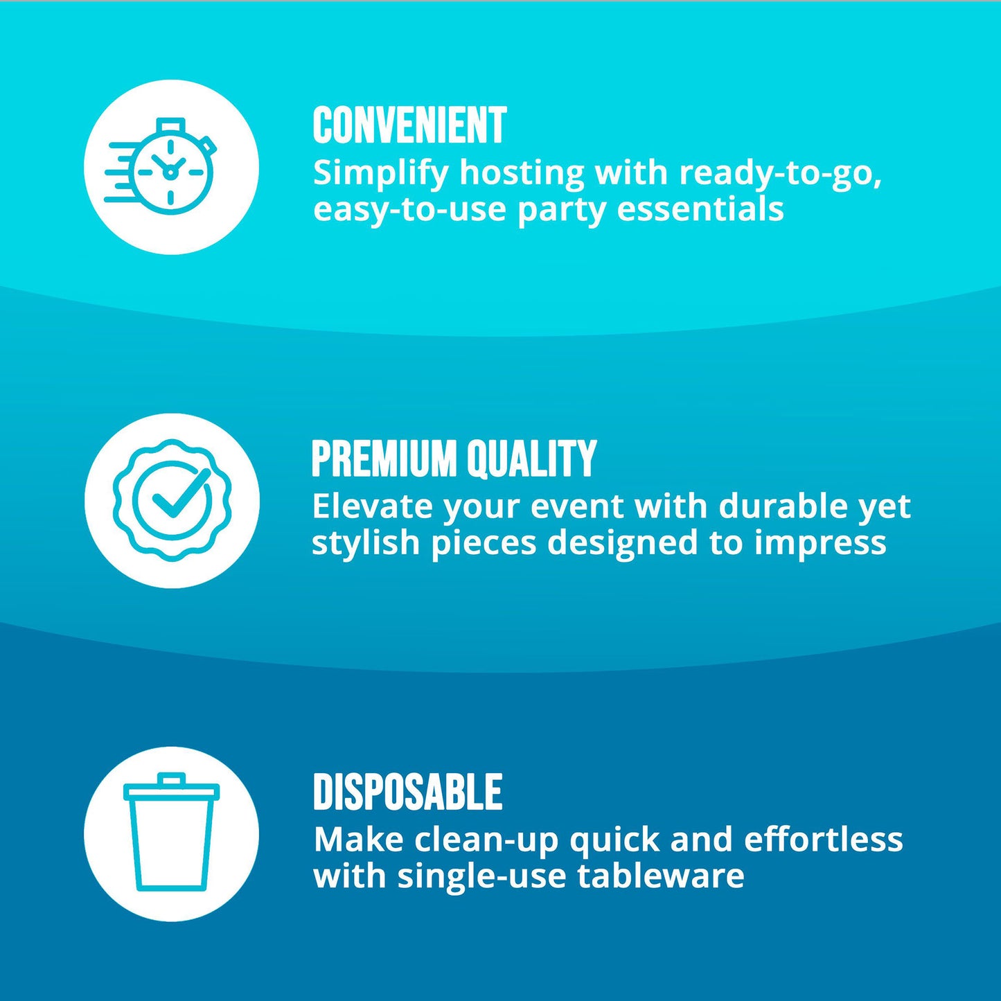 Three key points about Convenience, Premium Quality, and Disposable party supplies on a blue background with icons and text