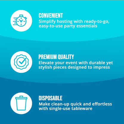 Three key points about convenience, premium quality, and disposable party supplies on a blue background with icons and text.