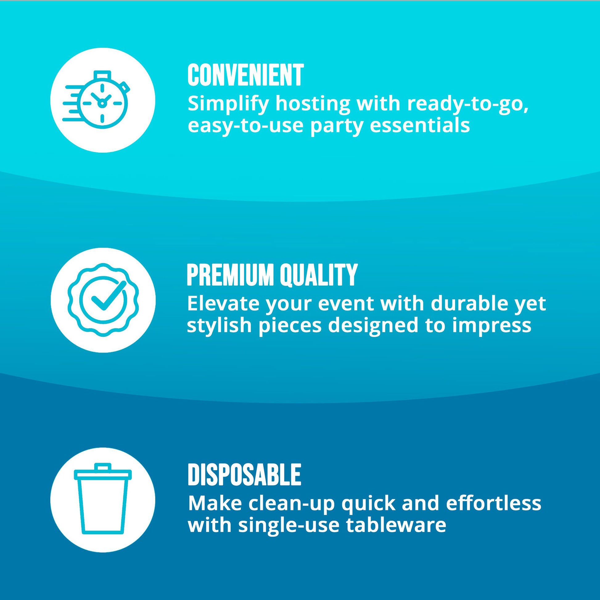 Three key points about Convenience, Premium Quality, and Disposable party supplies on a blue background with icons and text