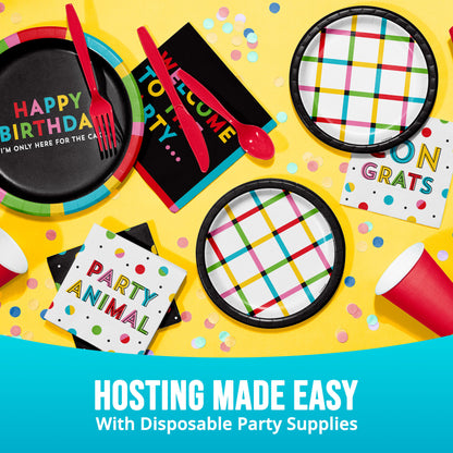 Colorful disposable party supplies including plates, cups, and napkins on a yellow background with text 'Hosting Made Easy with Disposable Party Supplies'.