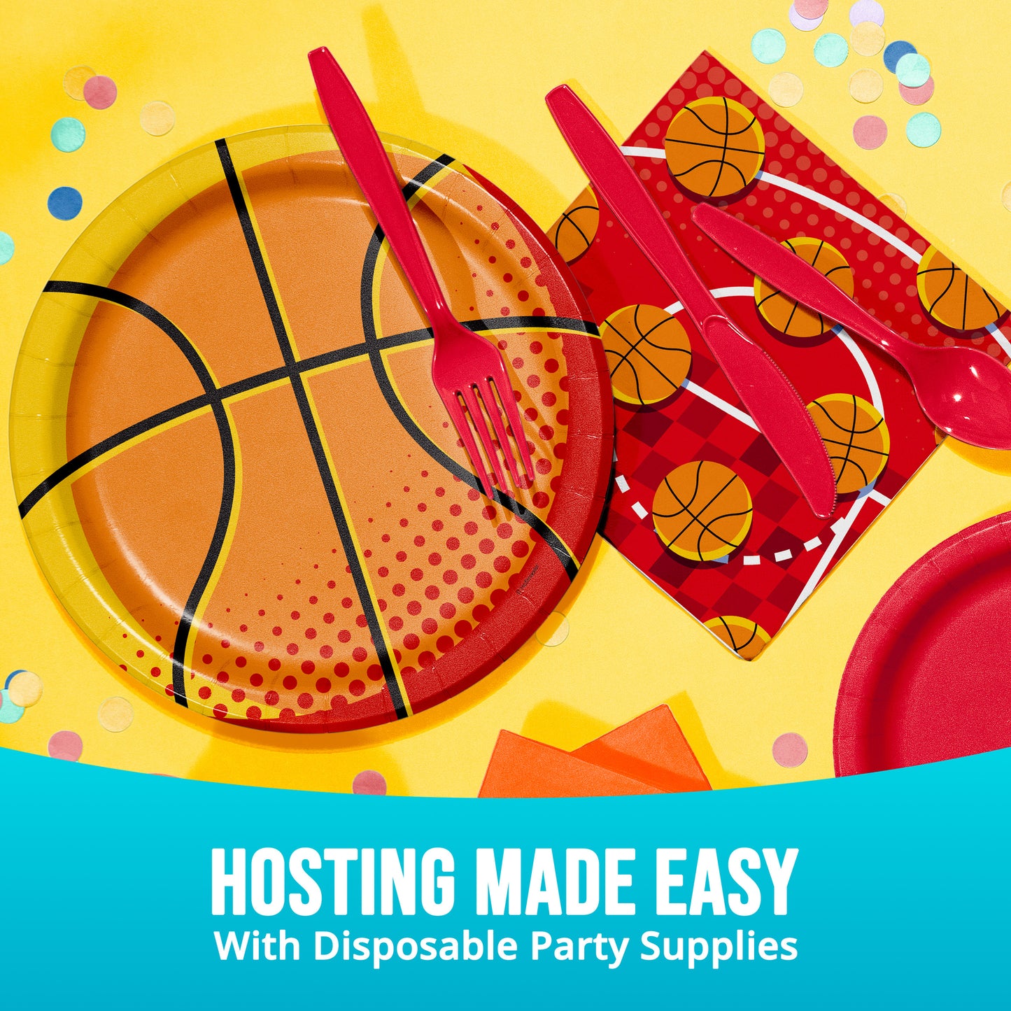 Basketball-themed disposable party supplies including plates, cutlery, and napkins on a yellow background with confetti.