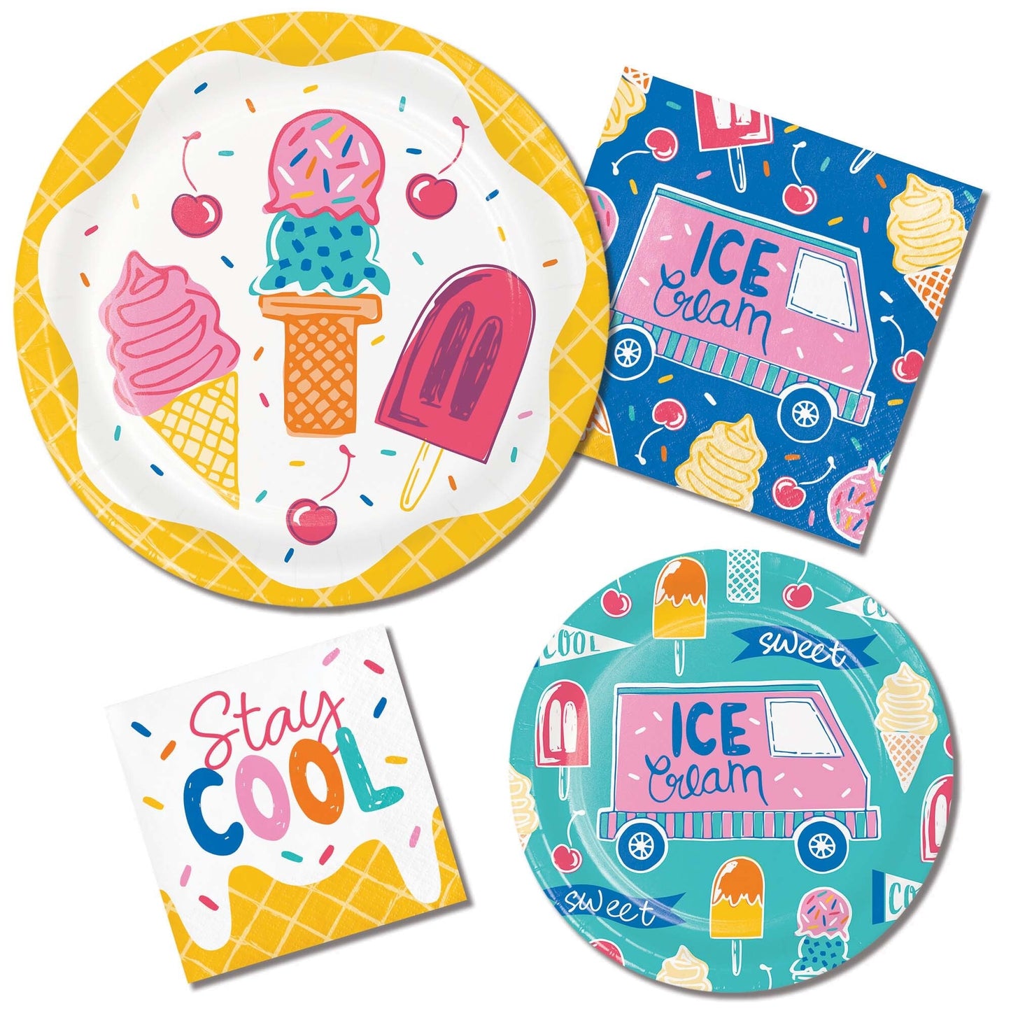 Set of ice cream-themed paper plates and napkins on a white background