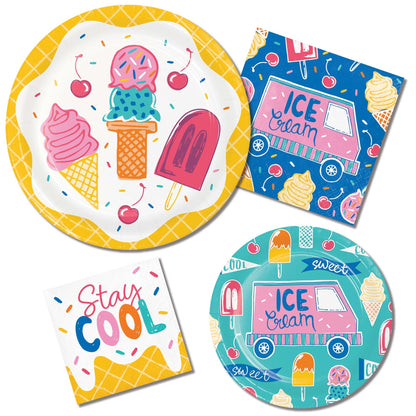 Set of ice cream-themed paper plates and napkins on a white background