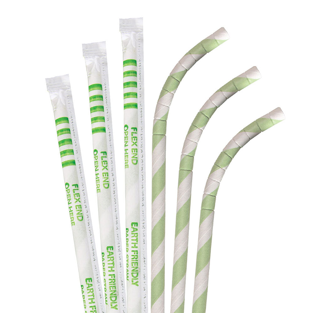 7.75" Wrapped Light Green Striped Eco-Flex Paper Straws - 3200 ct.