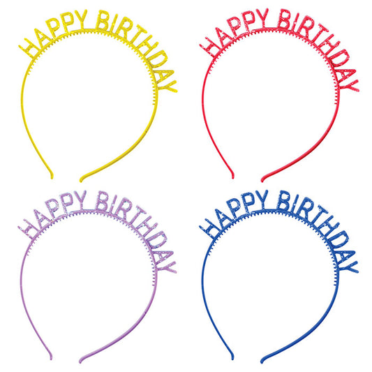 Assorted Colors Happy Birthday Headbands with Glitter 48 ct